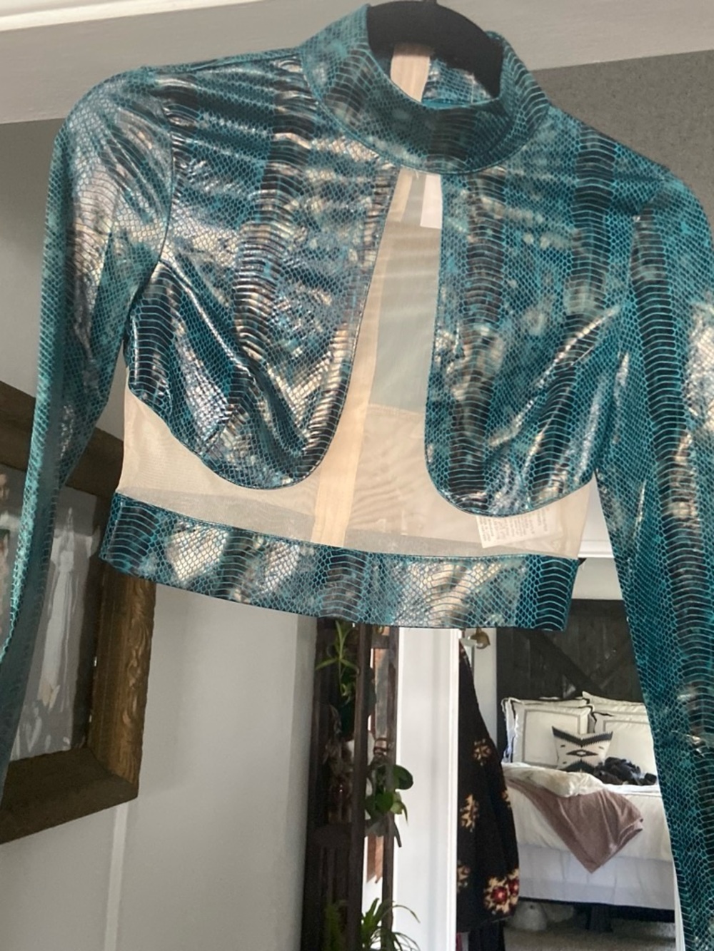 Teal Cropped Mock-Neck Jacket